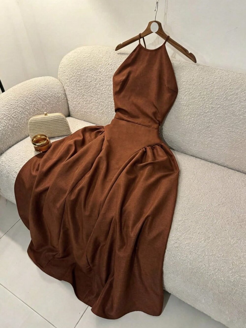 Coffee Brown Sexy Women's Two-Sided Ruched Open Back Wrap Tie Midi Dress - Picture 3 of 5